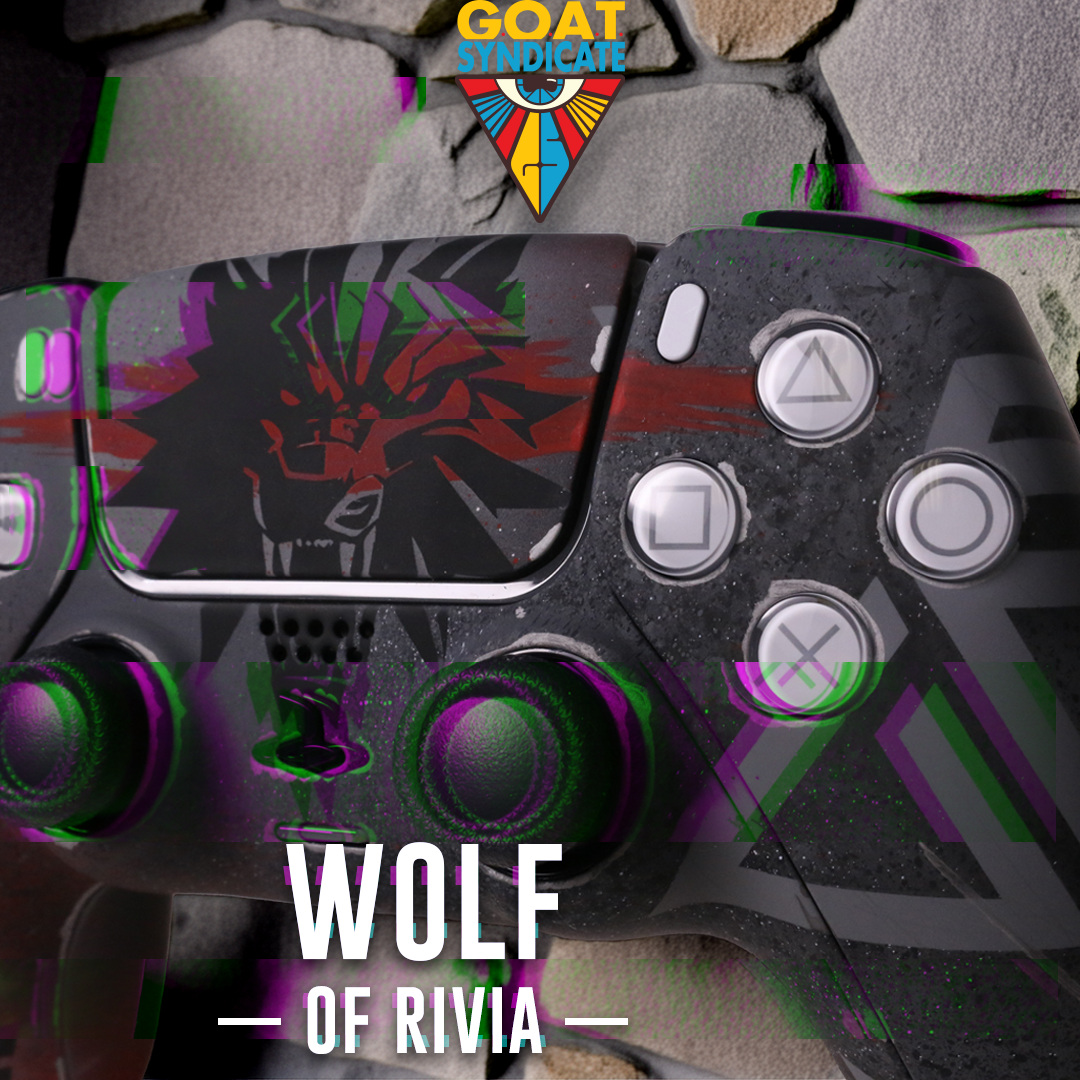 Gaming controller with wolf design and 'Wolf of Rivia' text on a textured background