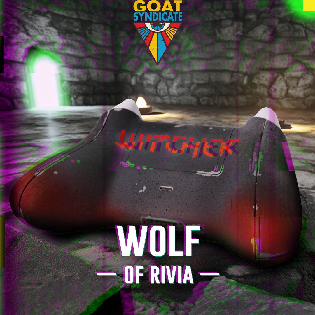 Gaming controller with 'Witcher' and 'Wolf of Rivia' text, set against a stone wall background.