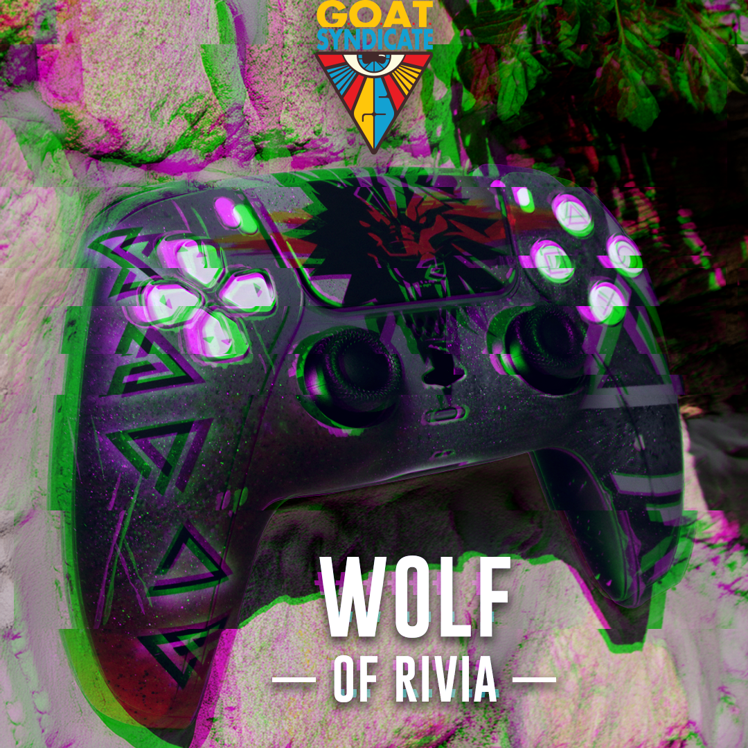 Glossy gaming controller with 'Wolf of Rivia' branding on a colorful, abstract background.