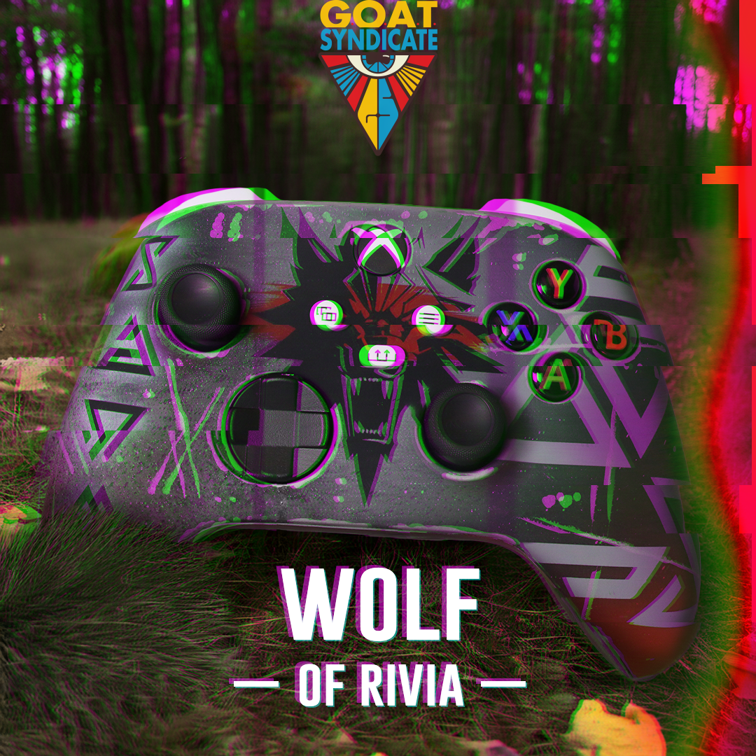 Gaming controller with wolf design and 'GOAT Syndicate' branding on a colorful, abstract background.