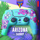 Colorful gaming controller with floral design and 'Arizona Sadboy' text, set against a vibrant background with palm leaves.