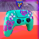Colorful gaming controller with floral design on a vibrant background, featuring the 'GOAT Syndicate' logo.