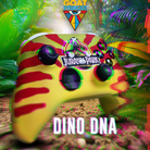 Colorful toy dinosaur with 'Jurassic Park' and 'GOAT Syndicate' branding in a jungle setting.