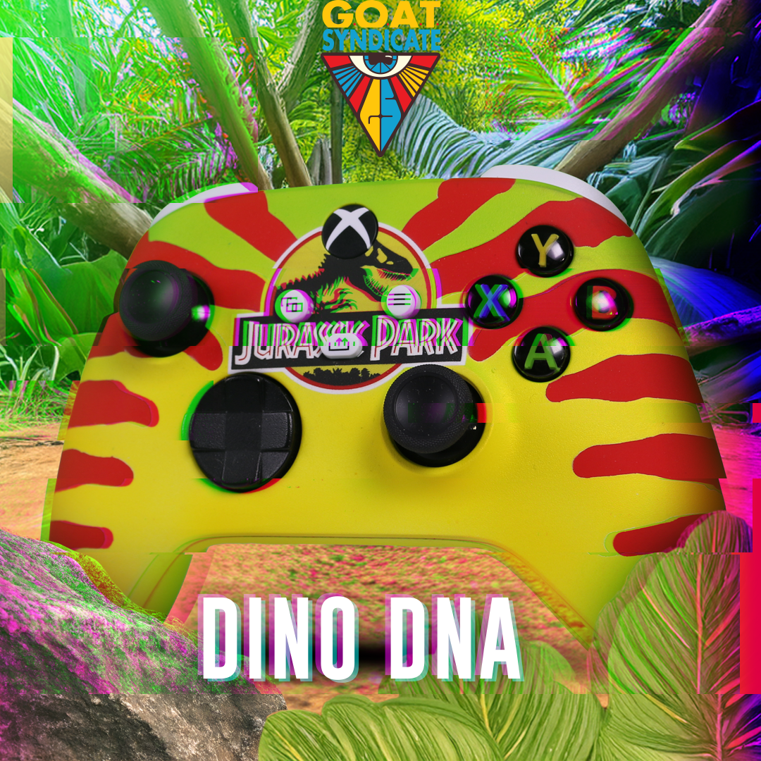 Colorful controller with 'Jurassic Park' branding in a jungle-themed setting