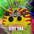 Colorful controller with 'Jurassic Park' branding in a jungle-themed setting