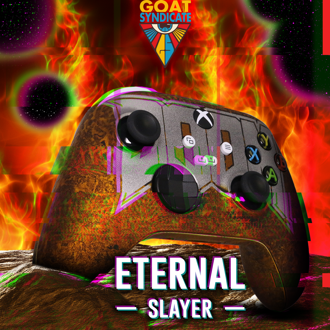 Gaming controller with 'Eternal Slayer' text on a fiery background, featuring the Goat Syndicate logo.