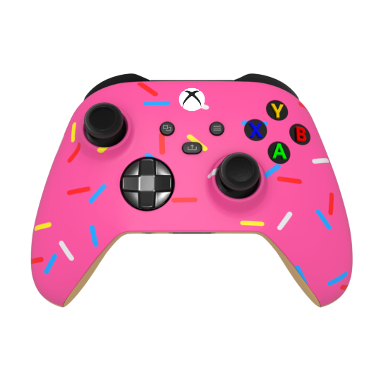 thumb- Pink gaming controller with colorful sprinkles and Xbox logo on a white background