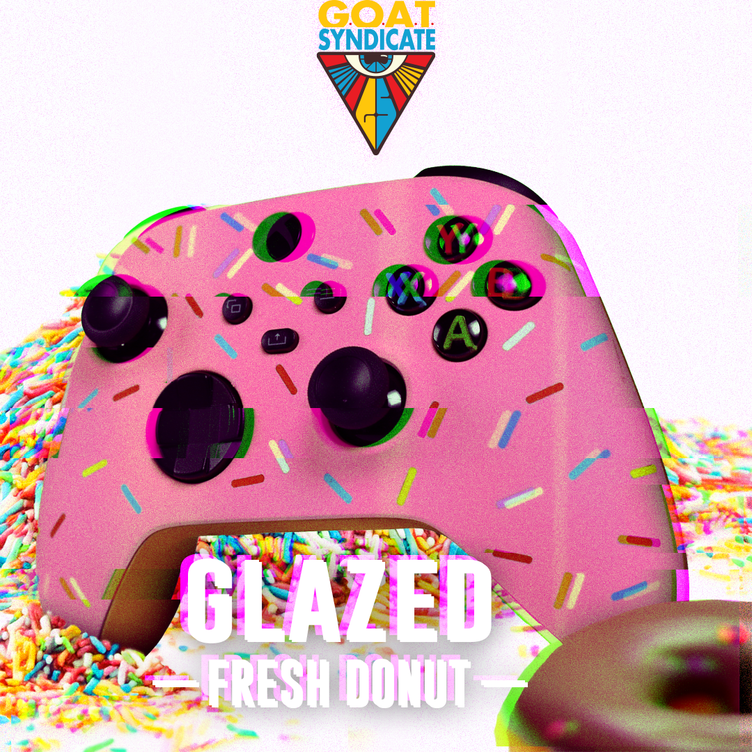 Pink gaming controller with colorful sprinkles and 'GOAT Syndicate' logo on a white background.