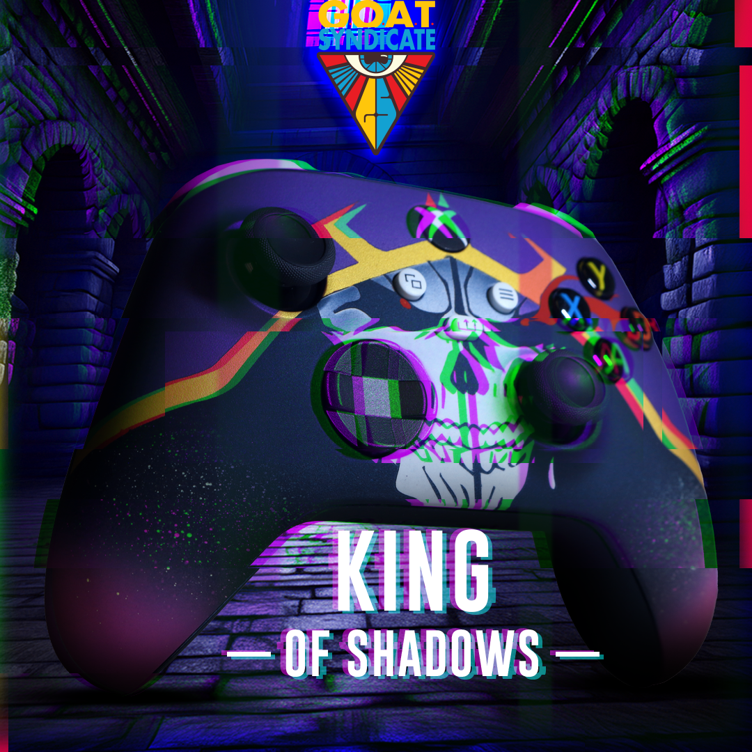 Colorful gaming controller with skull design in a dark, neon-lit environment