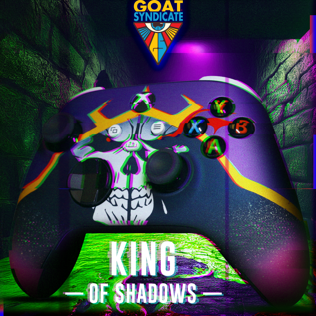 Gaming controller with colorful design and 'GOAT SYNDICATE' logo above it.