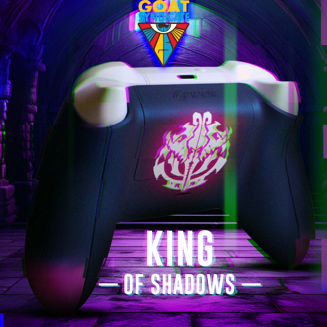 Gaming controller with 'King of Shadows' design in a dark, neon-lit setting