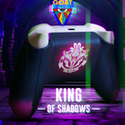 Gaming controller with 'King of Shadows' design in a dark, neon-lit setting