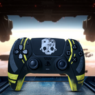 Custom Helldivers 2 inspired Playstation 5 controller with black and neon yellow design, featuring a white skull logo in the center and unique gamer-inspired artwork on a rugged background.