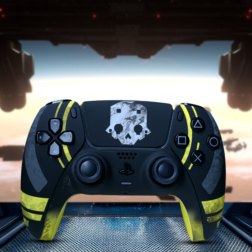 Custom Helldivers 2 inspired Playstation 5 controller with black and neon yellow design, featuring a white skull logo in the center and unique gamer-inspired artwork on a rugged background.