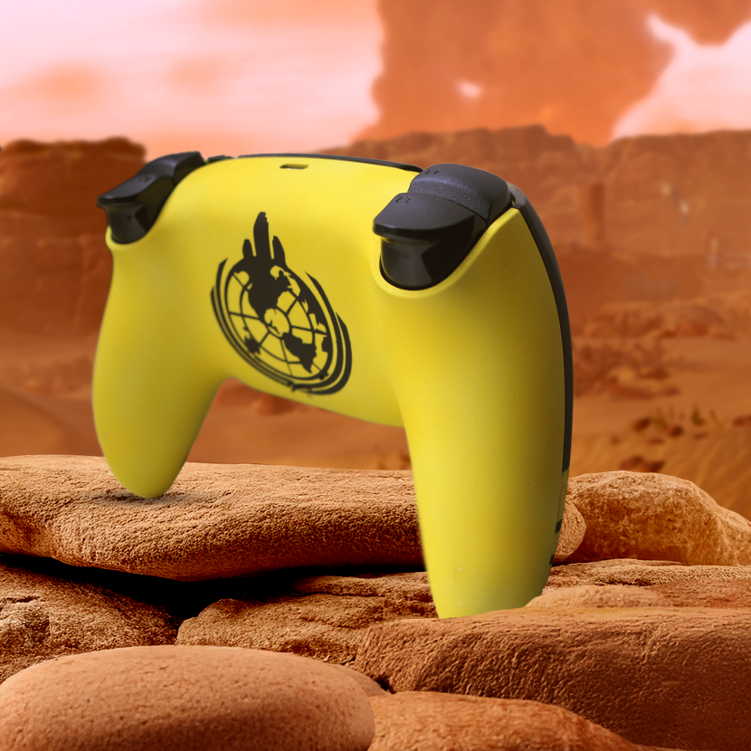 Custom Helldivers 2 inspired Playstation 5 controller with black and neon yellow design, featuring a white skull logo in the center and unique gamer-inspired artwork on a rugged background.