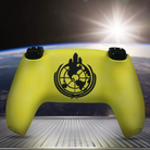 Custom Helldivers 2 inspired Playstation 5 controller with black and neon yellow design, featuring a white skull logo in the center and unique gamer-inspired artwork on a space background.