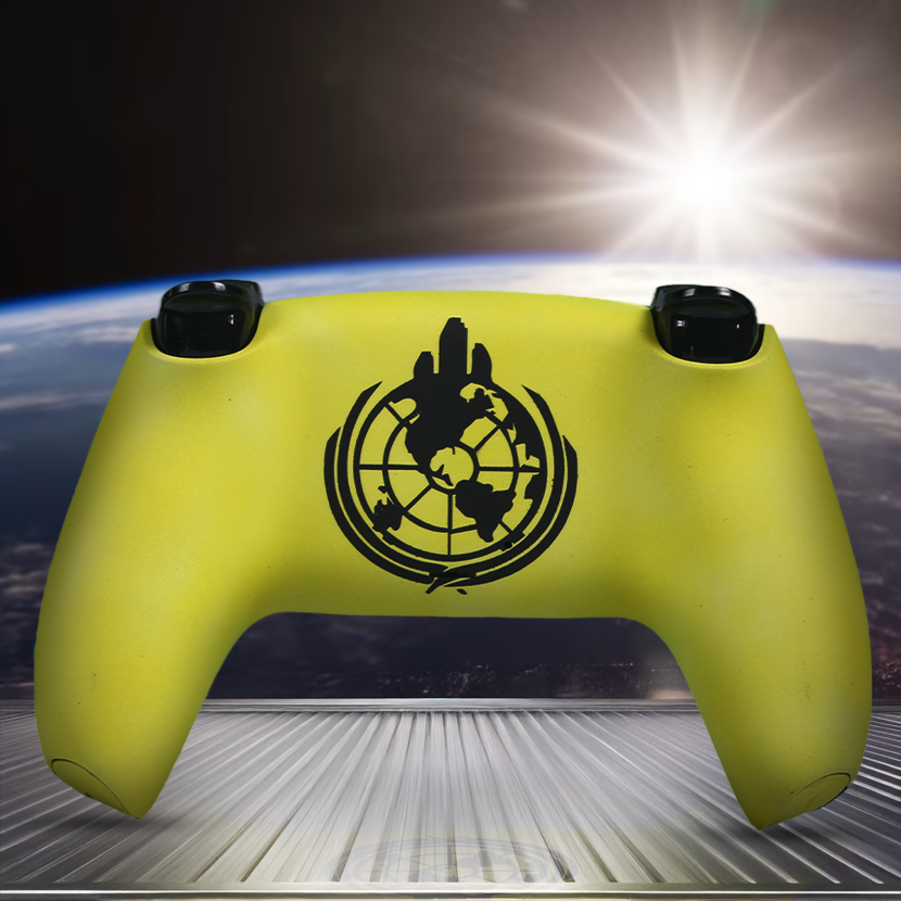 Custom Helldivers 2 inspired Playstation 5 controller with black and neon yellow design, featuring a white skull logo in the center and unique gamer-inspired artwork on a space background.