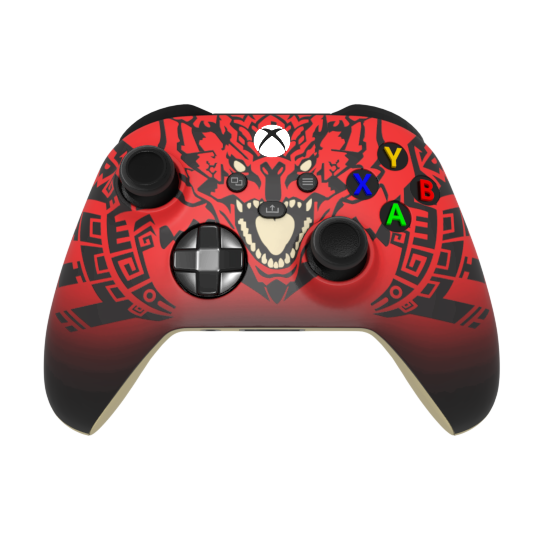 thumb- Gaming controller with red and black tribal design on a white background