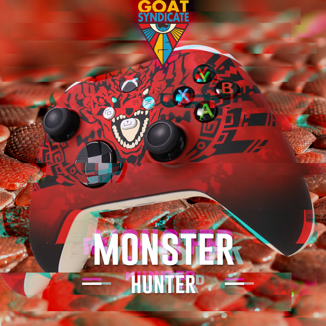 Red gaming controller with black design on a background of red and white creatures, featuring 'GOAT SYNDICATE' logo.