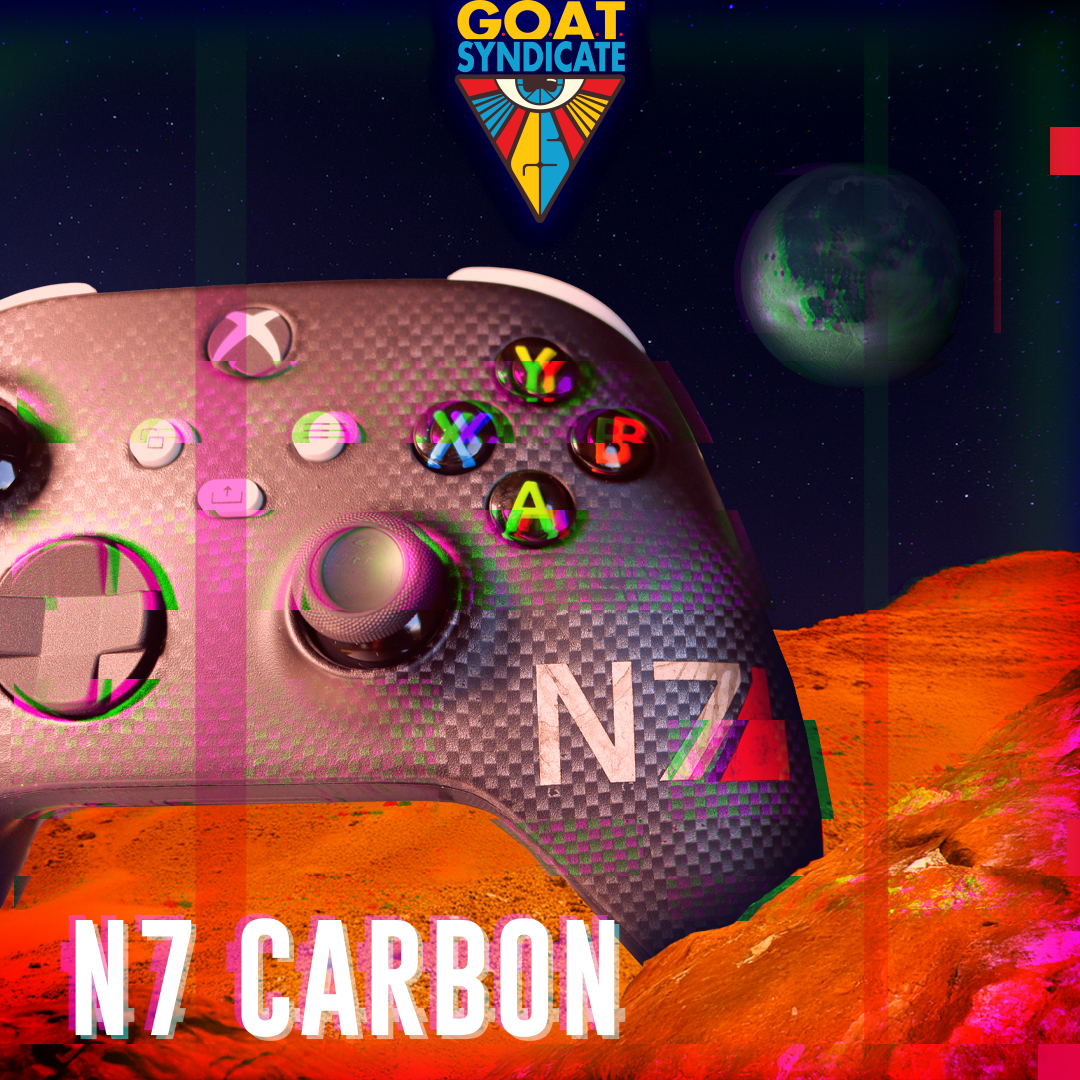 Game controller with 'N7 Carbon' design on a space-themed background, featuring the 'GOAT Syndicate' logo.