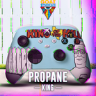 Colorful gaming controller with 'King of the Hill' branding and 'Propane King' text on a vibrant background.