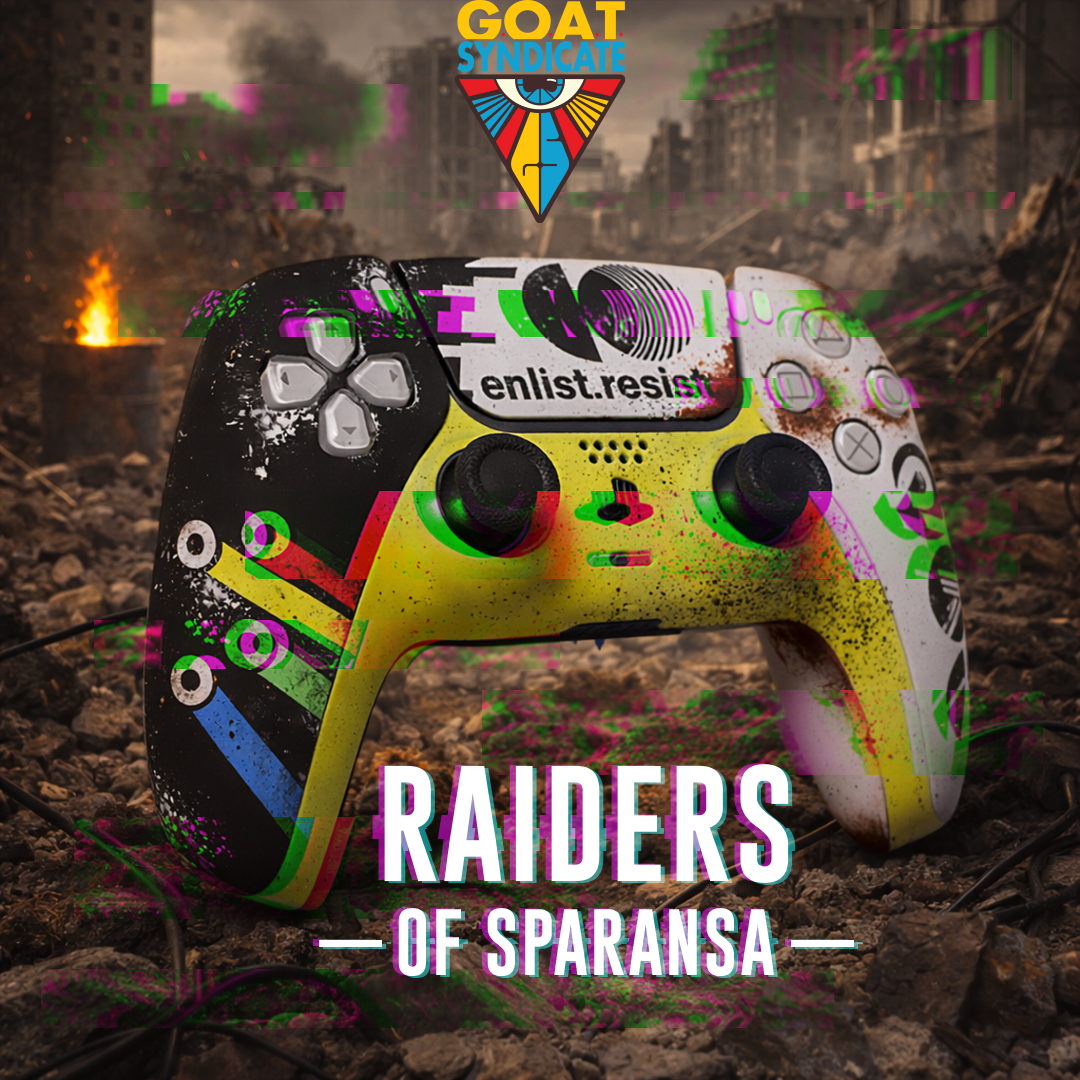Colorful gaming controller with text and logo on a post-apocalyptic background