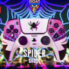 Pair of gaming controllers with spider-themed design on a vibrant, neon-lit background.