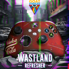 Gaming controller with 'Nuka Cola Wasteland Refresher' design, set against a dystopian cityscape background.