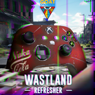 Custom gaming controller with 'Nuka Cola Wasteland Refresher' design in a vibrant, futuristic cityscape.