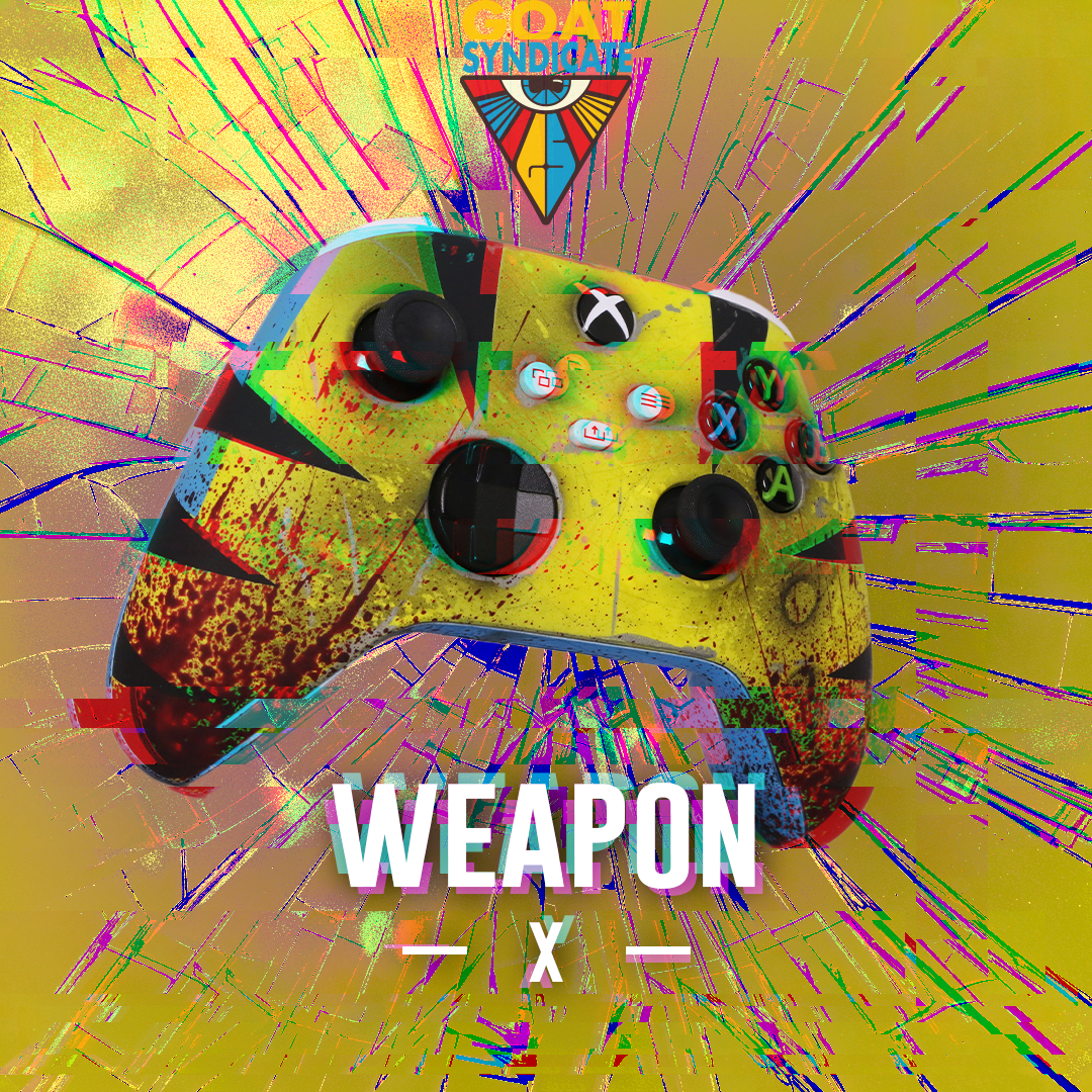 Colorful gaming controller with 'Weapon X' text on a vibrant background